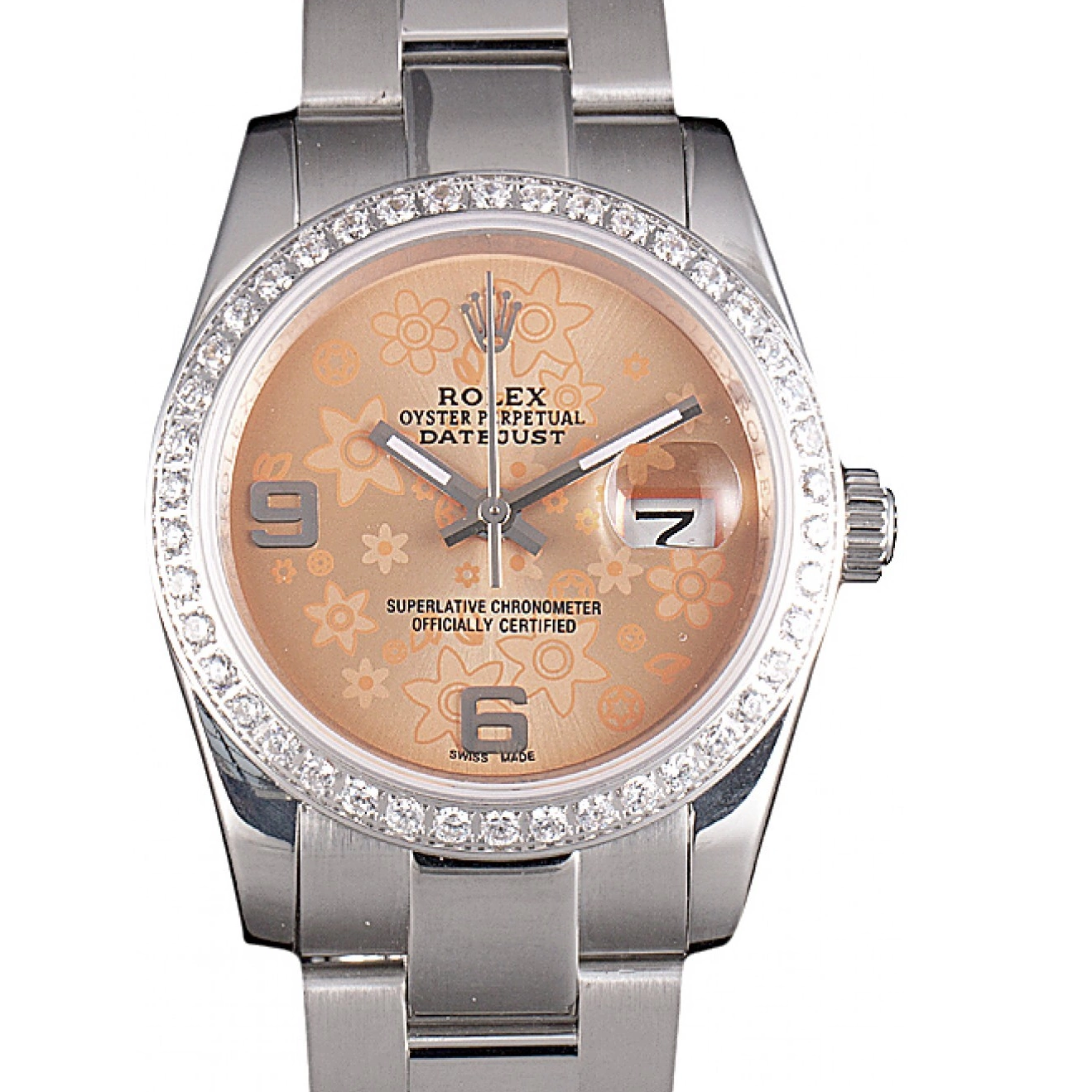 Stainless Dial Orange Steel Rolex Diamond Polished Datejust Plated Flowers 0704